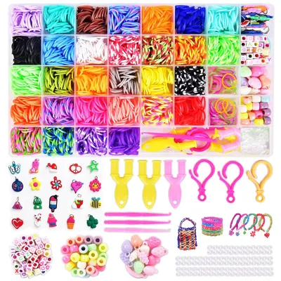 Produktbild von Loom Bänder Gummibänder Webbänder - 3000+ Stück - 32 Farben - Mit Perlen und Häkelnadeln - Zum Armbänder Basteln