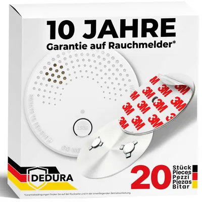Produktbild von Dedura Rauchmelder mit Magnethalter Set (20 Stück), DIN EN 14604, Rauchwarnmelder mit Magnet inkl. 9V Batterie