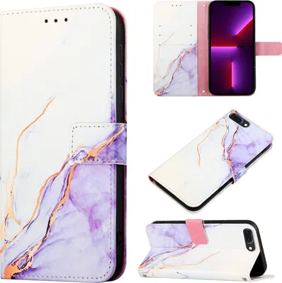 Image de coque pour iPhone 8 Plus, coque en cuirPolyuréthaneavec motif marbré, pochettes pour cartes, étui pour iPhone 8 Plus/ 7 Plus/ 6s Plus/ 6 Plus Blanc Violet