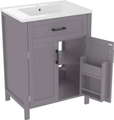 Imagen del producto de Mueble de baño AIORBER de 60x46x84,8 cm con lavabo, doble puerta, cajón, estantes ajustables, lavabo de cerámica, color gris