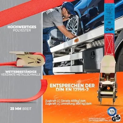 Produktbild von Spanngurte mit Ratsche (8 Stück) | 800 kg 6m | zweiteilig mit Haken | Ratschengurt | Zurrgurte | 25mm | 0,8 T | 6 Meter