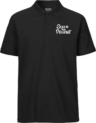 Produktbild von Huuraa Herren Polo Shirt Save the Planet Schriftzug M Black Bio Baumwolle Fairtrade Poloshirt Geschenkidee