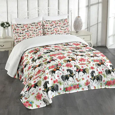 Immagine prodotto di Set copriletto ABAKUHAUS con cavalli, composizione floreale astratta e sagome di animali argentati Dapple Stallions Vintage, 220 x 220 cm, multicolore