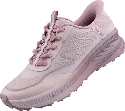 A single pink Skechers women's sneaker is shown against a white background.