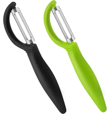 Immagine prodotto di Set di 2 sbucciatori universali in acciaio inossidabile, ideali per patate, verdure e frutta. Colore: nero e verde. Forma: a "I"