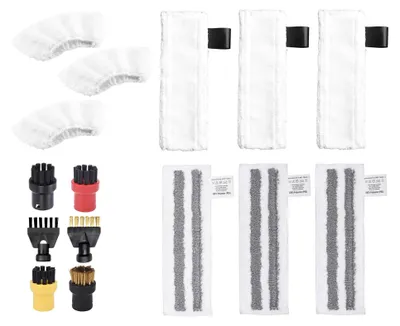 A collection of cleaning accessories for a steam cleaner, including various brush heads and microfiber cloths.