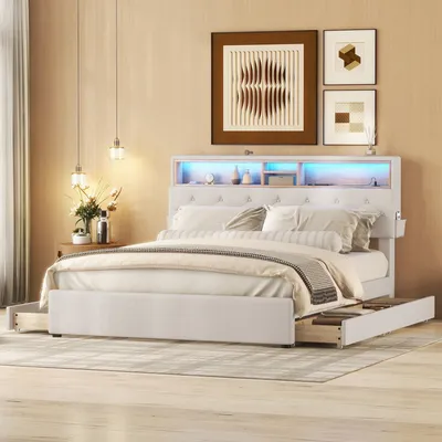 Produktbild von Flieks Polsterbett mit USB und Lattenrost, Doppelbett 140x200cm Stauraumbett mit 4 Schubladen, Massivholzbett Funktionsbett mit Led, Jugendbett Ehebett Leinen, Beige