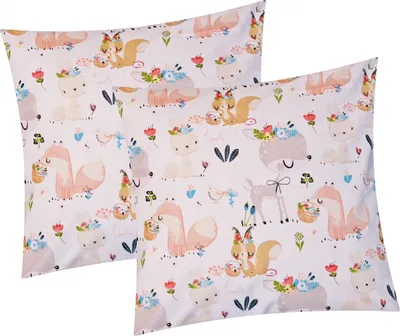 Produktbild von Renforcé Kissenbezug - 2er Set in 40x40cm - Fuchs, Rehe, Vogel, Tiere - Kopfkissen-Bezug, Kissenhülle, Dekokissenbezug 100% Baumwolle Kinder (KY-Rehe-Fuchs-40x40)