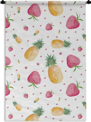Produktbild von MuchoWow® Wandteppich Wandbehang Ananas - Erdbeeren - Aquarell 90x135 cm Tapisserie Dekoration Wandtuch - Baumwolle - Wandskulptur