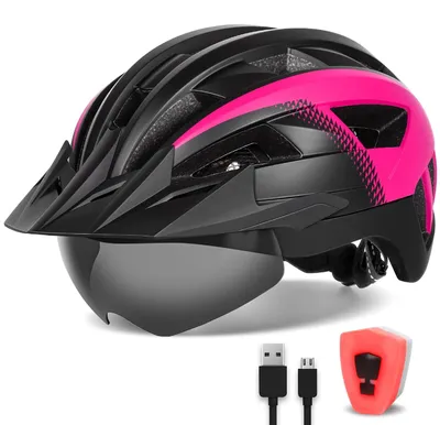 Productafbeelding van FUNWICT Fietshelm met vizier voor heren en dames, lichtgewicht fietshelm met magnetische brilhouder en USB-oplaadbare LED-lamp, stijlvolle mountainbikehelm (maat M: 54-58 cm, zwart/roze)