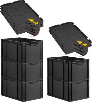 Produktbild von SuperSparSet 5x Eurobox NextGen Grip mit Scharnierdeckel und gelben Schiebeschnappverschlüssen | HxBxT 32x40x60cm | 65 Liter | Schwarz | Griffe geschlossen | Verstärkter Boden | Eurobehälter, Transportbox, Transportbehälter, Stapelbehälter