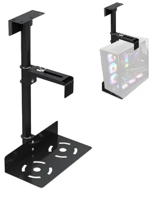 Obrázek produktu pro Držák na PC skříň pod stůl – Nastavitelný držák procesoru – Šířka 13,5–23,5 cm – Nosnost až 25 kg – Montáž na stěnu nebo stůl – Černá barva