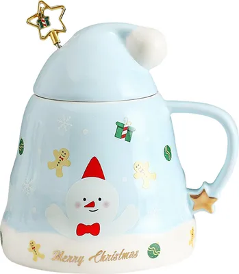 Zdjęcie produktu dla Świąteczny kubek do kawy z pokrywką i mieszadełkiem, kubek ceramiczny na Boże Narodzenie, duża pojemność, kubek do kawy