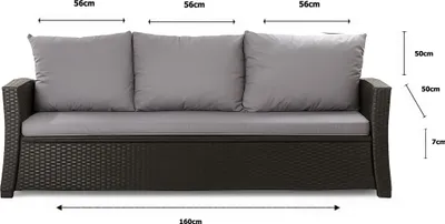 A product shot of a sofa cushion set with dimensions indicated by measurement lines and text.