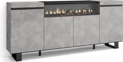 A modern sideboard with a built-in electric fireplace, shown against a white background.