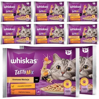 Produktbild von WHISKAS Adult Beutel 32 x 85g Cremige Variationen Feuchtfutter für erwachsene Katzen in Soße Huhn mit Gemüse, Lamm mit Pute