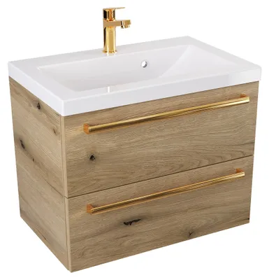 Produktbild von ATHD Wandhängender Waschtischunterschrank mit Waschbecken 60 cm - Evoke  Matt Eiche - Griffe aus poliertem Gold