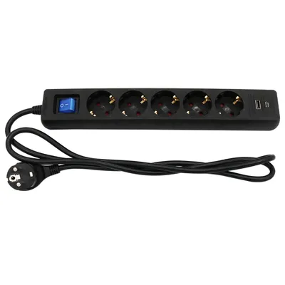A black power strip with multiple outlets and USB ports, connected to a black power cord and plug.