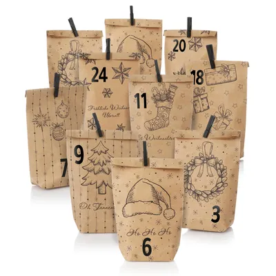 A collection of brown paper bags with Christmas-themed drawings and numbers, arranged in a staggered formation.