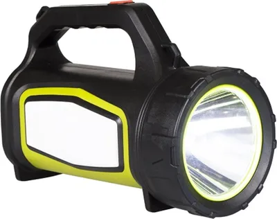 A black and yellow flashlight with a white label area, set against a white background.