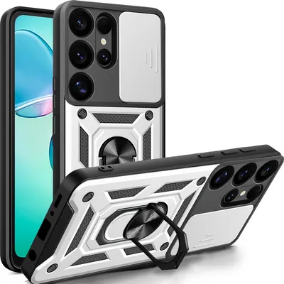 Two phone cases are shown, one standing upright and the other lying down, with a phone screen visible inside the upright case.