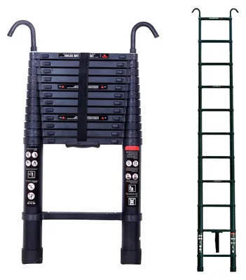 Produktbild von 3,8 m Teleskopleiter, schwarze Aluminium-Verlängerungsleiter, Klappleiter für Heimwerker und Wohnmobile, EN131, mit 2 abnehmbaren Haken, 150 kg Tragkraft, leicht und tragbar