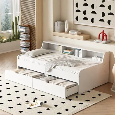 Zdjęcie produktu dla Łóżko pojedyncze 90×200 cm, z dwiema szufladami, z schowkiem, białe
