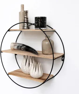 Produktbild von Wandregal rund 50 x 19 cm, schwarz, 3 Ablagen, Metall und Holz, für Wohnzimmer