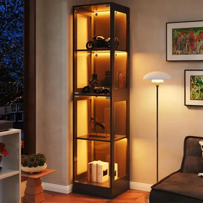 Zdjęcie produktu dla Szafka z oświetleniem LED, czarna, 40x35x170 cm, z drzwiami otwierającymi się do góry, szklana witryna z sterowaniem za pomocą aplikacji, wykonana z MDF, mechanizm "push-to-open", idealna do salonu
