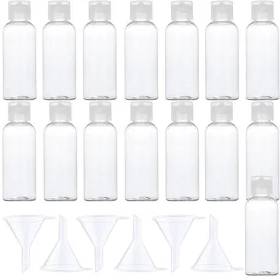 Productafbeelding van Ibenzoa® Reisflessen set, 15 flessen van 50 ml, transparant kunststof, lekvrije klapdeksels, inclusief 6 trechters, afmetingen 9,3 x 3,2 cm