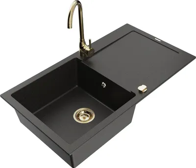 Produktbild von Mexen Leo 1 Becken-Granitspüle mit Abtropffläche und Mischbatterie Telma, Schwarz/Gold Metallisch - 6501-75-670200-50