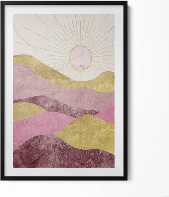 Produktbild von Abstrakte Landschaft mit goldenen Bergen und Sonne– Wandbild mit Rahmen – Gerahmtes Bild  – Wanddekoration – 70x100 cm –  Schwarz Rahmen