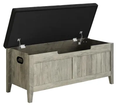 Imagen del producto de Banqueta de 100 cm con asiento tapizado, estructura de madera, con espacio de almacenamiento. Cuerpo gris y asiento