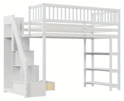 Obrázok produktu pre Postel s horným poschodím – detská posteľ s skrinkou a poličkami – 90 x 200 cm – bezpečnostné rebrík – biela