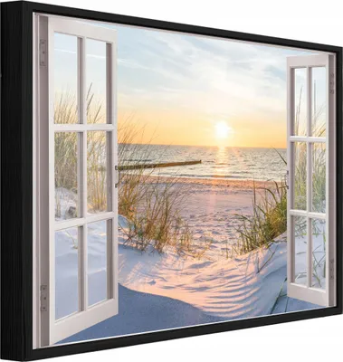 Zdjęcie produktu dla Obraz w ramce: okno, plaża, morze – 100 x 70 cm – obrazy na ścianę do salonu i sypialni – obraz na płótnie w ramce, kolor beżowy – PPR14242O1
