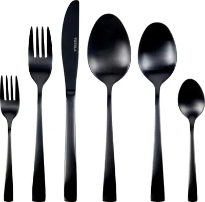 A set of black cutlery arranged on a white background.
