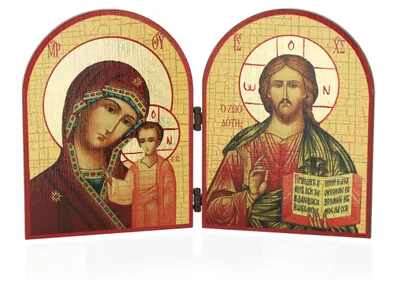 Holz-Ikone Triptychon Muttergottes von Kasan und Jesus Christus 23,5x16 cm