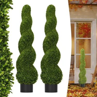 Image de UISEBRT Set de 2 Buis Artificiels Spiralés 120cm en pot - Plantes artificielles résistantes aux UV pour jardin, balcon, terrasse, salon & bureau