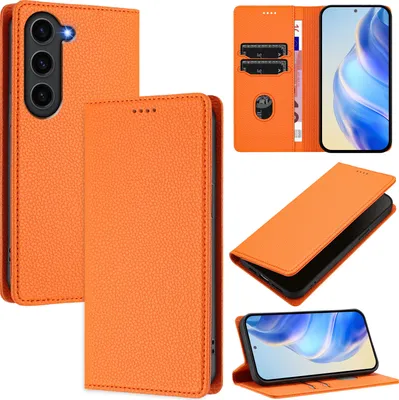 Image de Étui en cuir pour Samsung Galaxy S23+, Litschi cuir, étui portefeuille avec fentes pour cartes et support Orange