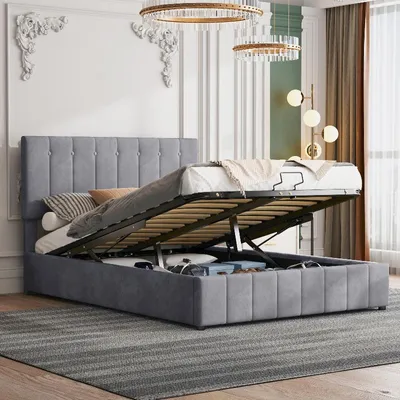 Immagine prodotto di Letto imbottito 140x200 cm con spazio contenitore, cassone sollevabile idraulicamente, poggiatesta regolabile in altezza e rivestito in velluto grigio