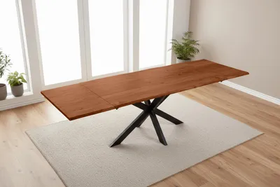 Produktbild von Esstisch Baumkante Akazie nuss 160(260)x90 Ansteckplatten Spider-Gestell schwarz AVINO