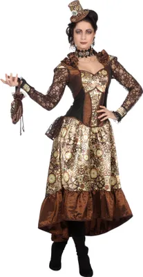 A woman wearing a steampunk-style dress and hat, holding a small purse.