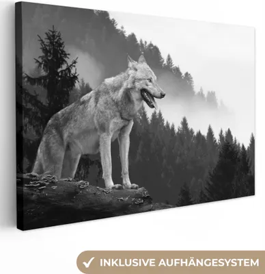 Zdjęcie produktu dla MuchoWow® - Obraz na płótnie - Wilk - Las - Czarny - Biały, obraz na ścianę, dekoracja ścienna, obrazy do salonu, 30x20cm