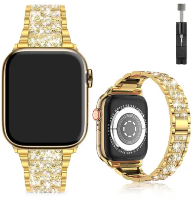 Produktbild von FFO2World Bling Armband kompatibel mit iWatch 42/44/45/46/49mm - Gold - Diamant Schmuck Ersatzarmband, Metallband verstellbar