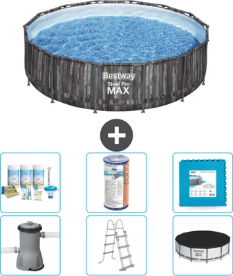 Produktbild von Bestway Round Steel Pro MAX Schwimmbad – Holzdruck – 427 x 107 cm – inklusive Pumpe – Leiter – Abdeckung Wartungspaket - Filter - Bodenfliesen