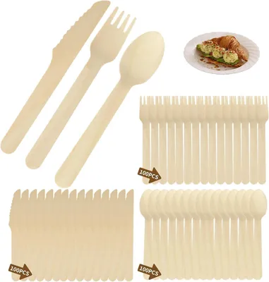 Produktbild von 300 Stück Einweg-Holzbesteck | Messer, Gabel und Löffel aus Birkenholz | Kompostierbares Besteck für Grillen, Picknick und Feiern