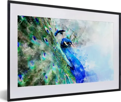 Produktbild von MuchoWow® Gerahmtes Poster Aquarell - Pfau - Blau 60x40 cm - Poster mit Schwarzem Bilderrahmen Wandposter Rahmen Foto Bilder - Schlafzimmer - Plakat in Rahmen - Drucken