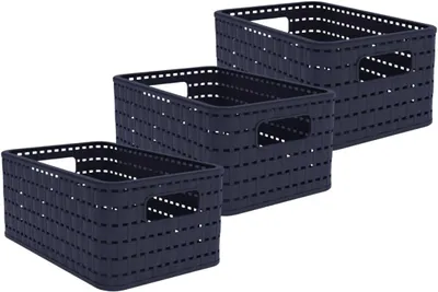 Produktbild von Rotho Aufbewahrungskorb A5 6 Liter Volumen 8873809 Kiste Country Rattan-Optik, Rotho Korb Farbe:Midnight Blau, Rotho Korb Größe:DIN A5 6 Liter 3er Set
