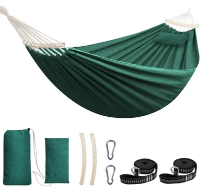 Productafbeelding van Hangmat van katoen, donkergroen, 270x150 cm, met steunstok en kussen, geschikt tot 300 kg