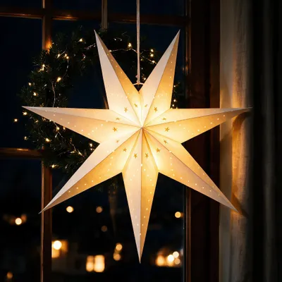 Productafbeelding van Kerstster LED Papieren Ster - 60 cm - Hout - Batterij Aangedreven